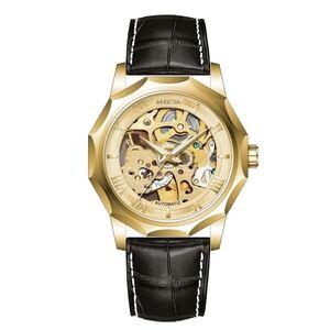 Invicta Gold Skeleton Watch with Black Leather Strap
